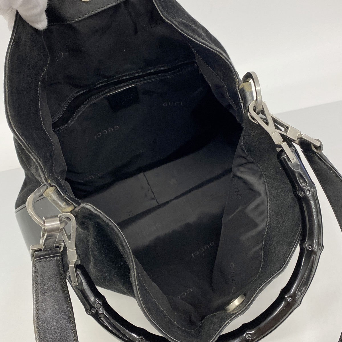 【6ee6260-k】グッチ ハンドバッグ バンブー 001 1577 スウェード ブラック シルバー金具 2wayバッグ【中古】レディース