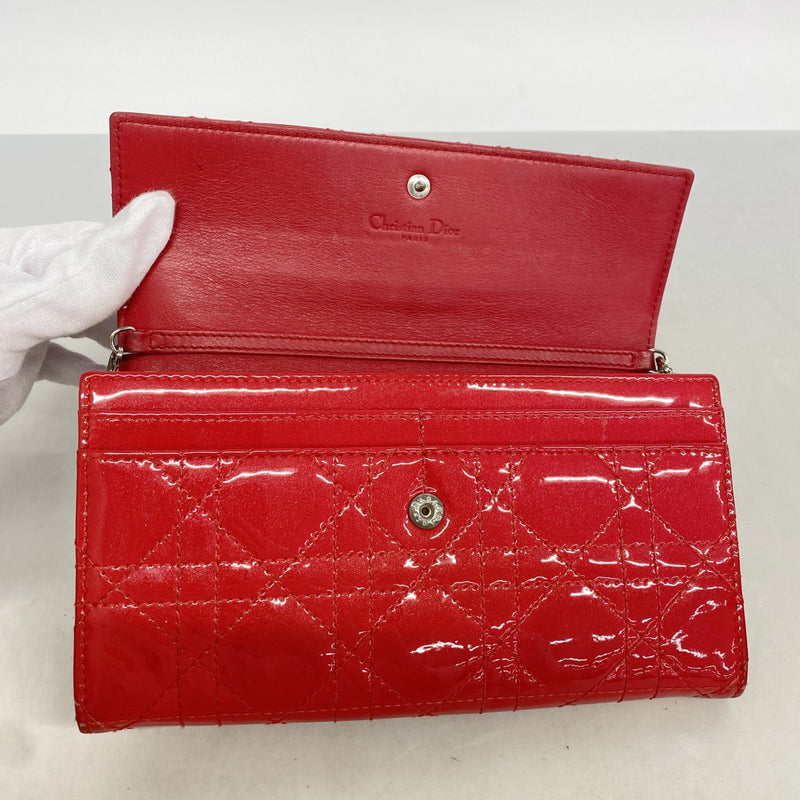 【6ee6271】クリスチャンディオール 長財布 カナージュ エナメル レッド シルバー金具【中古】レディース
