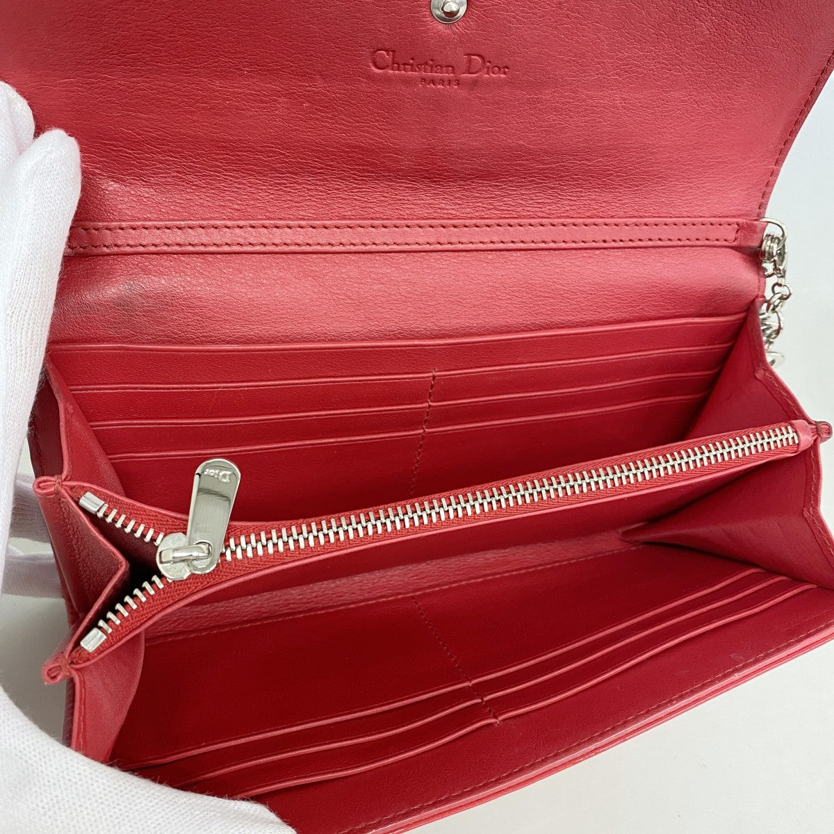 【6ee6271】クリスチャンディオール 長財布 カナージュ エナメル レッド シルバー金具【中古】レディース