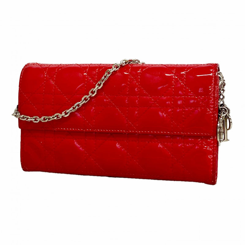 【6ee6271】クリスチャンディオール 長財布 カナージュ エナメル レッド シルバー金具【中古】レディース