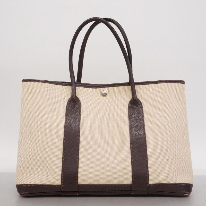 【6ee6368】エルメス トートバッグ ガーデンパーティPM トワルアッシュ ブラウン ベージュ シルバー金具 □N刻印【中古】レディース