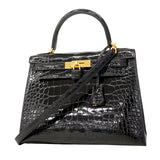 ★SALE【6ee6402-g】エルメス ハンドバッグ ケリー28 アリゲーター ブラック ゴールド金具 U刻印 2wayバッグ【中古】レディース