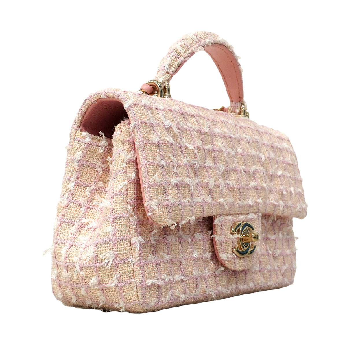【6ee6415】シャネル ハンドバッグ マトラッセ トップハンドル ツイード ピンク シャンパンゴールド金具 2wayバッグ【中古】レディース