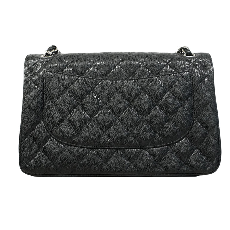 【6ee6425】シャネル ショルダーバッグ デカマトラッセ Wフラップ Wチェーン キャビアスキン ブラック シルバー金具【中古】レディース
