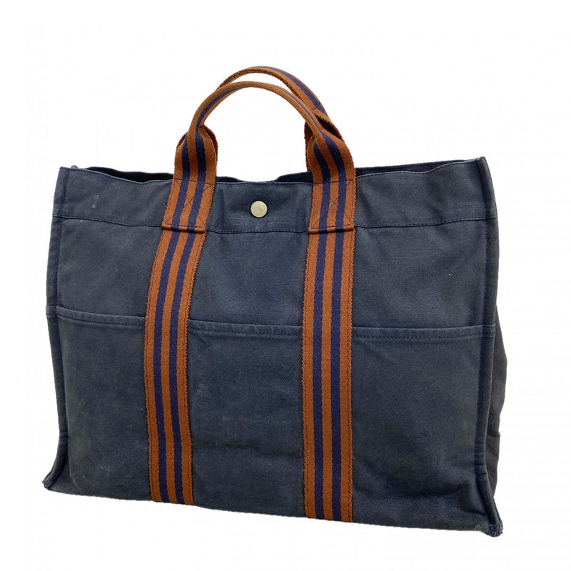 【6ee6438-k】エルメス トートバッグ フールトゥMM キャンバス ネイビー シルバー金具【中古】メンズ レディース ユニセックス