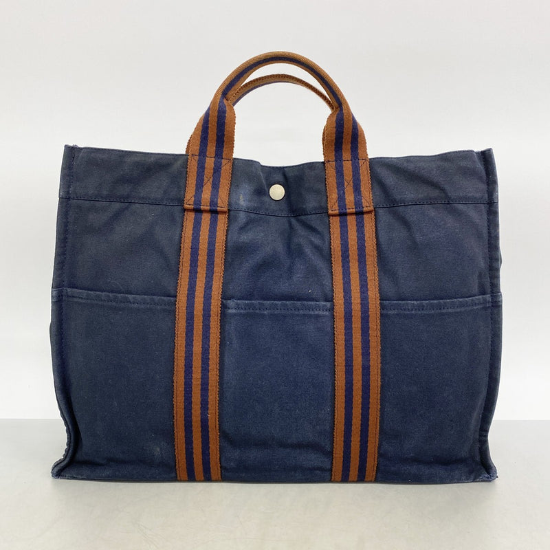 【6ee6438-k】エルメス トートバッグ フールトゥMM キャンバス ネイビー シルバー金具【中古】メンズ レディース ユニセックス