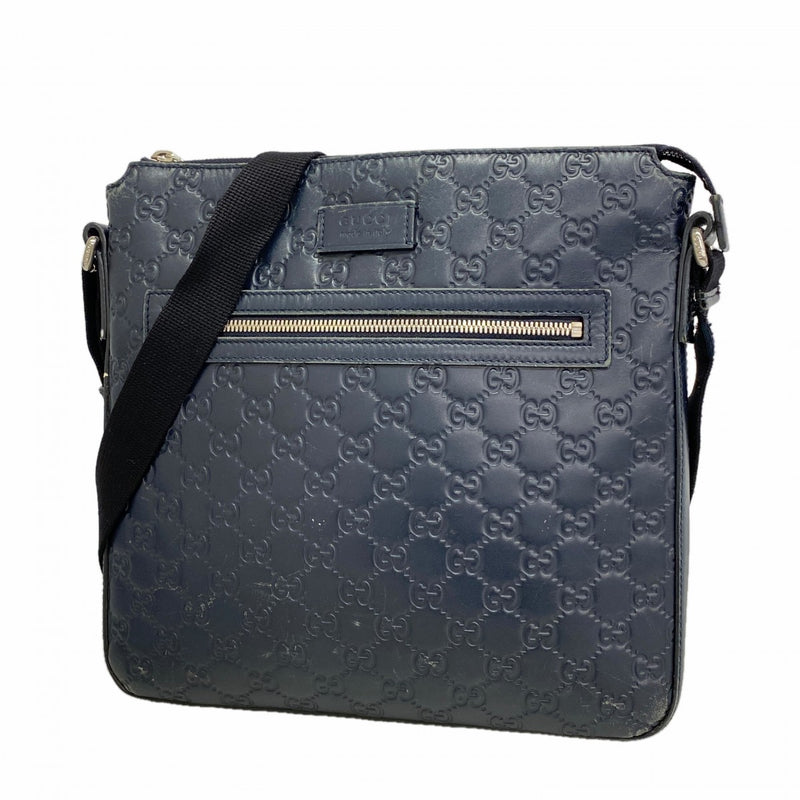 【6ee6469-k】グッチ ショルダーバッグ グッチシマ 406408 レザー ネイビー シルバー金具【中古】メンズ
