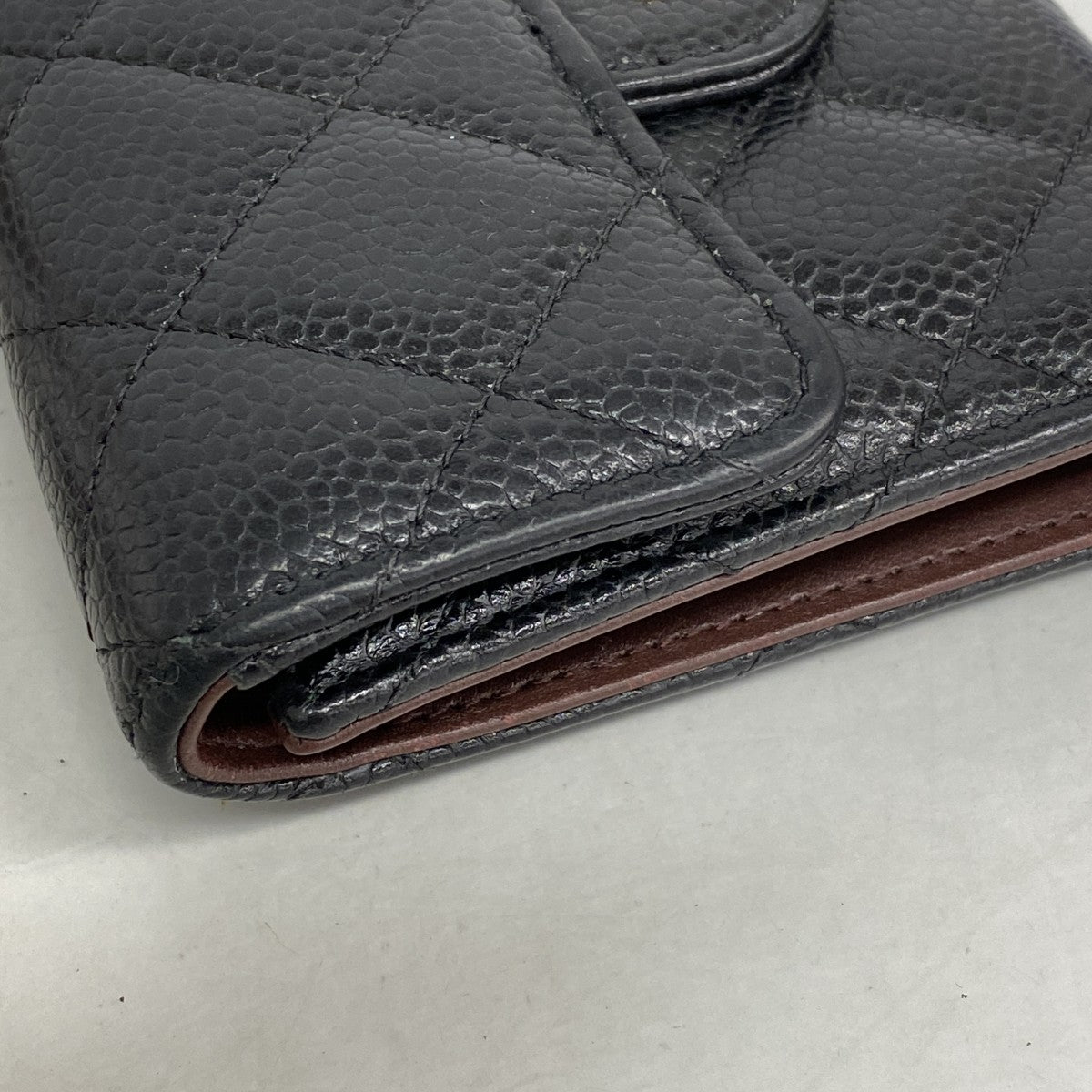 【6ef6622】シャネル 三つ折り財布 マトラッセ キャビアスキン ブラック ゴールド金具【中古】レディース