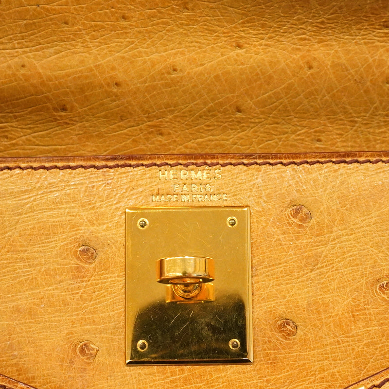 【6fa0017】エルメス ハンドバッグ ケリー28 オーストリッチ サフラン ゴールド金具 〇Y刻印 2wayバッグ【中古】レディース