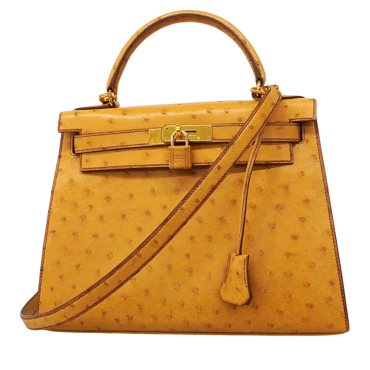 【6fa0017】エルメス ハンドバッグ ケリー28 オーストリッチ サフラン ゴールド金具 〇Y刻印 2wayバッグ【中古】レディース