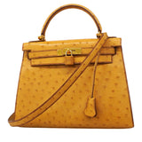 【6fa0017】エルメス ハンドバッグ ケリー28 オーストリッチ サフラン ゴールド金具 〇Y刻印 2wayバッグ【中古】レディース