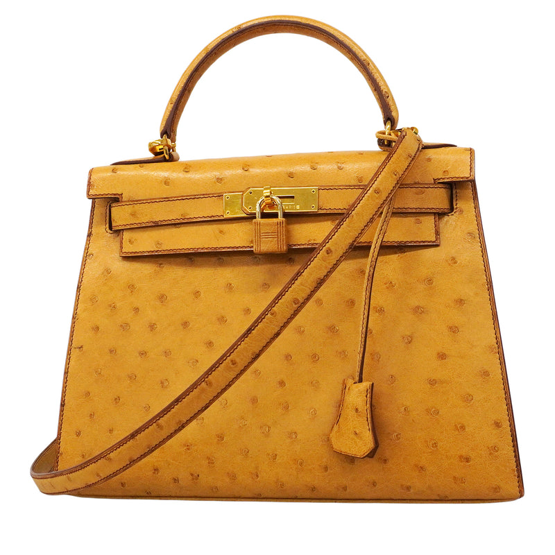 【6fa0017】エルメス ハンドバッグ ケリー28 オーストリッチ サフラン ゴールド金具 〇Y刻印 2wayバッグ【中古】レディース