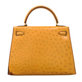 【6fa0017】エルメス ハンドバッグ ケリー28 オーストリッチ サフラン ゴールド金具 〇Y刻印 2wayバッグ【中古】レディース
