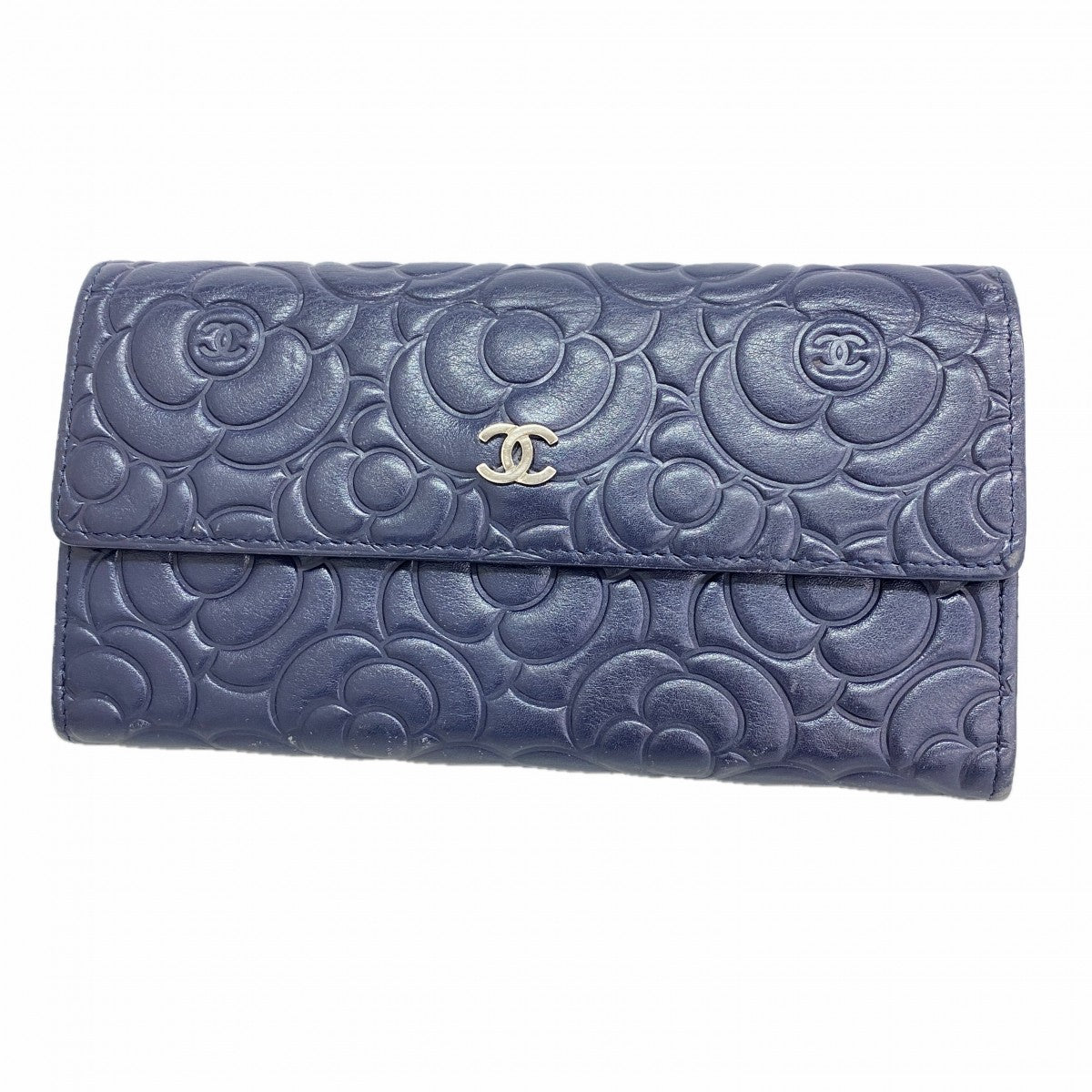 【6fa0059-k】シャネル 長財布 カメリア ラムスキン ネイビー シルバー金具【中古】レディース