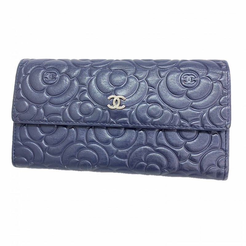 【6fa0059-k】シャネル 長財布 カメリア ラムスキン ネイビー シルバー金具【中古】レディース