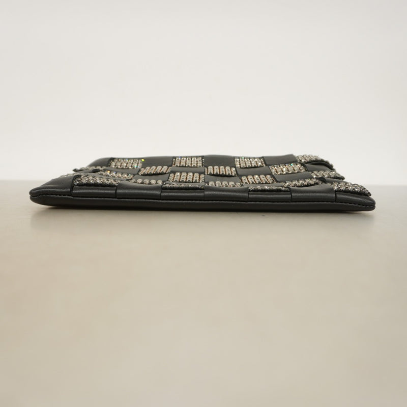 【6fa0076-k】シャネル ポーチ レザー ブラック シルバー金具【中古】レディース