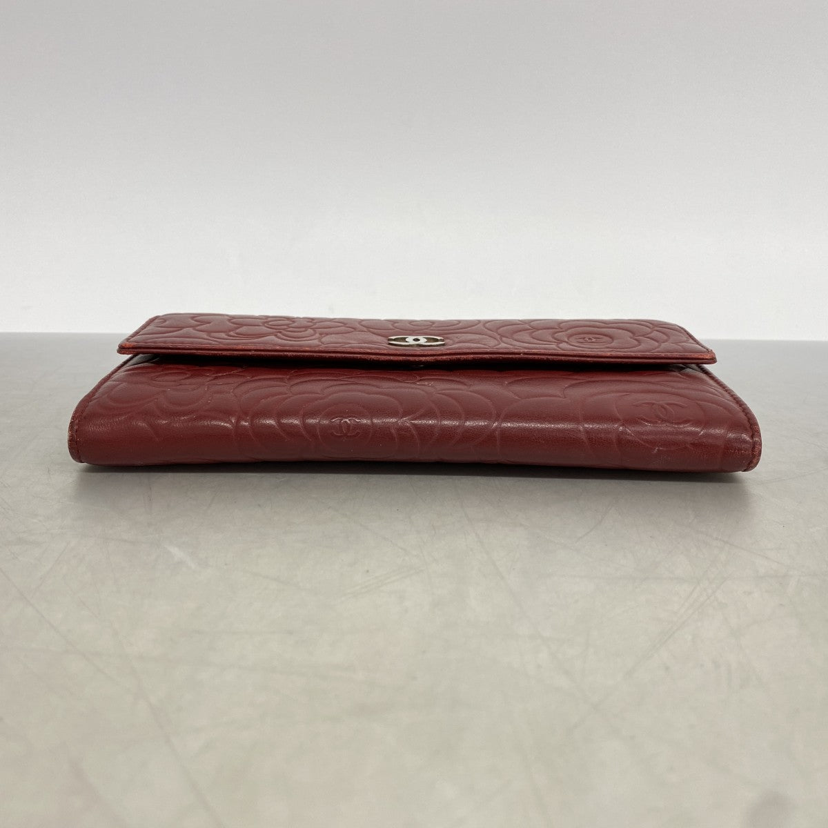 【6fa0136-k】シャネル 長財布 カメリア ラムスキン ボルドー シルバー金具【中古】レディース