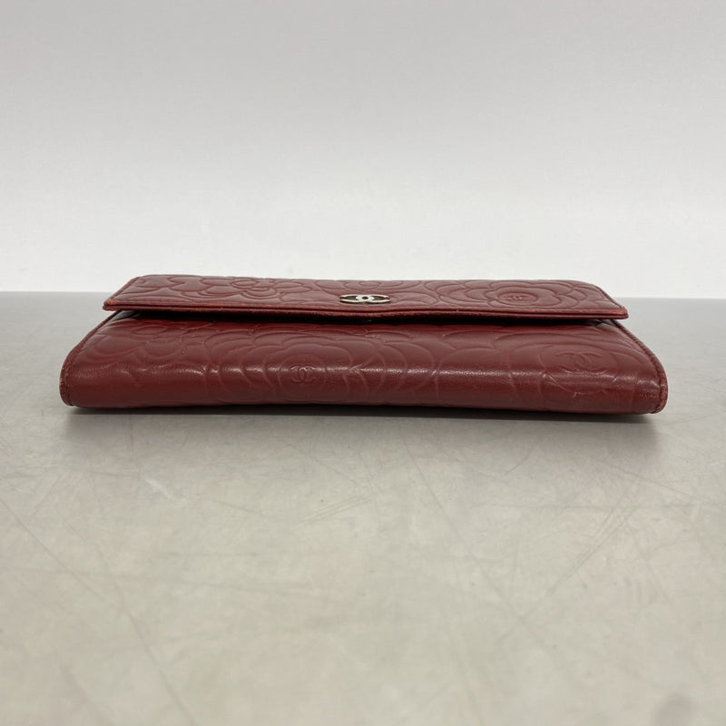 【6fa0136-k】シャネル 長財布 カメリア ラムスキン ボルドー シルバー金具【中古】レディース