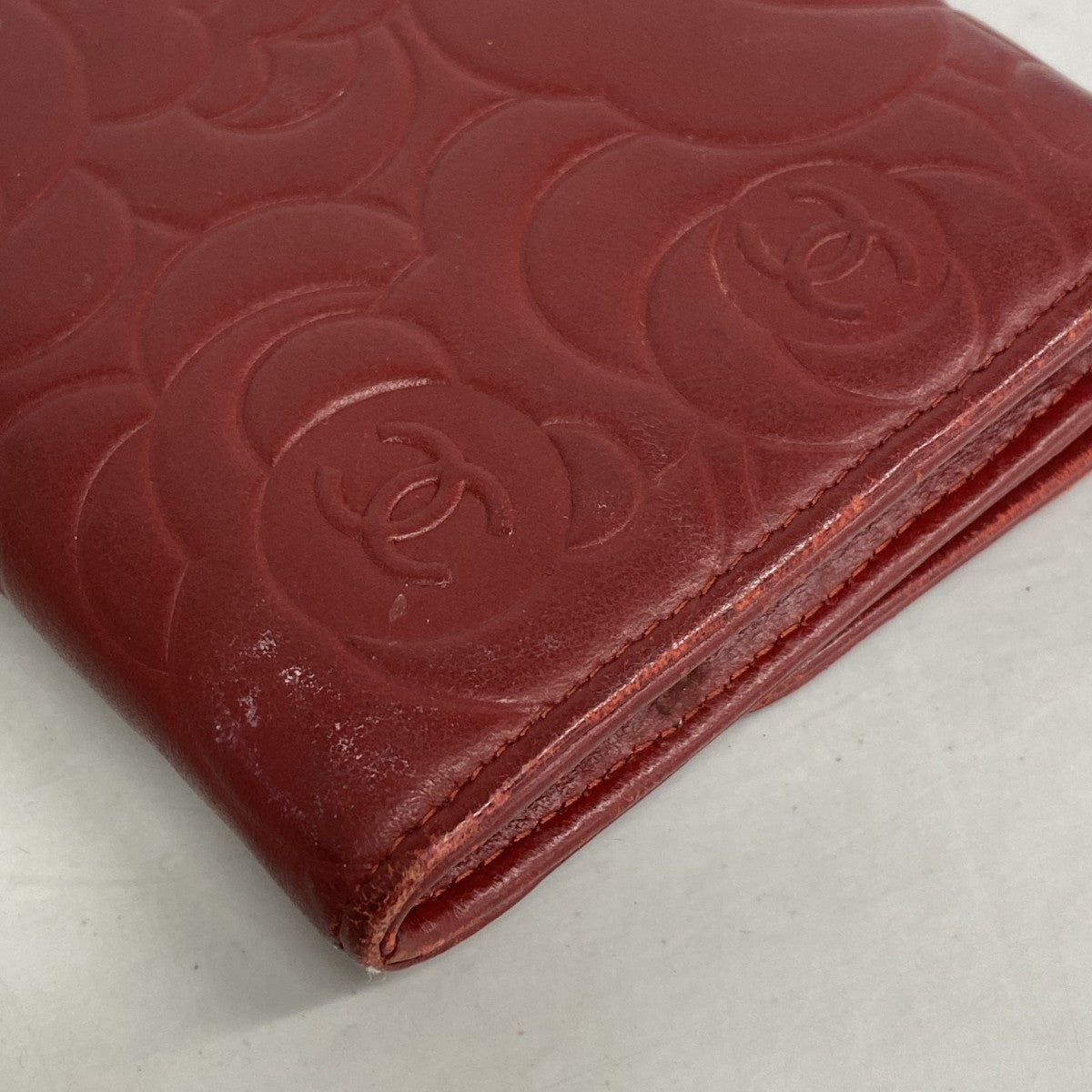【6fa0136-k】シャネル 長財布 カメリア ラムスキン ボルドー シルバー金具【中古】レディース