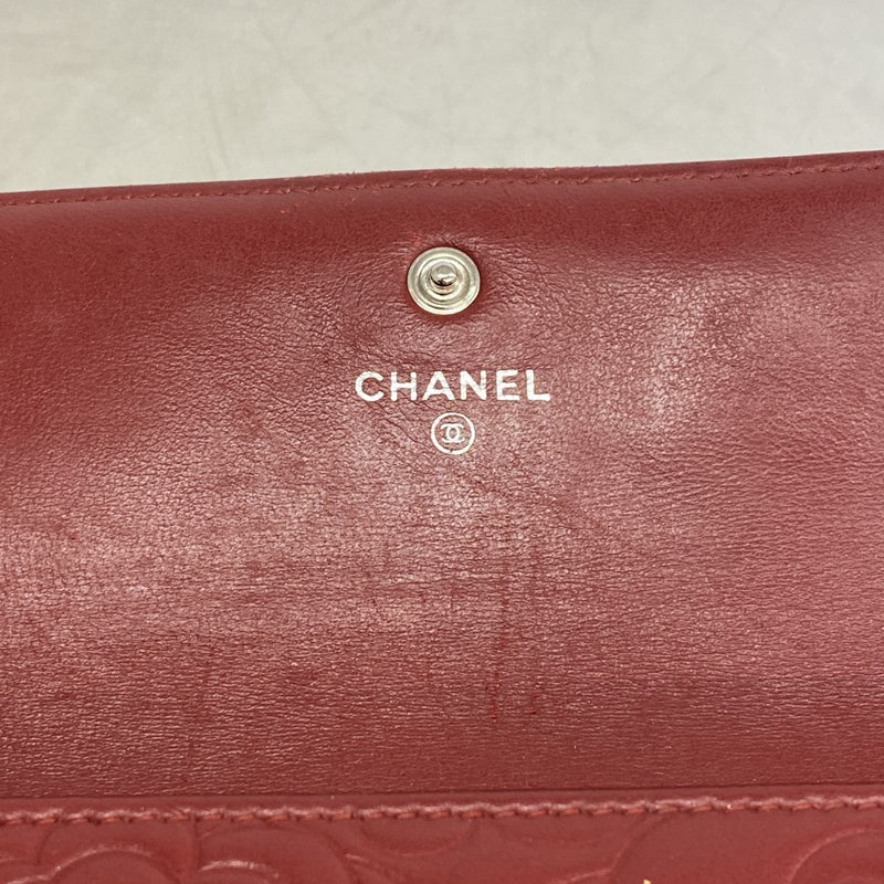 【6fa0136-k】シャネル 長財布 カメリア ラムスキン ボルドー シルバー金具【中古】レディース