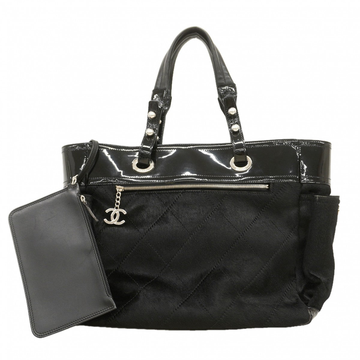 【6fa0159】シャネル トートバッグ パリビアリッツ ハラコ ブラック シルバー金具【中古】レディース