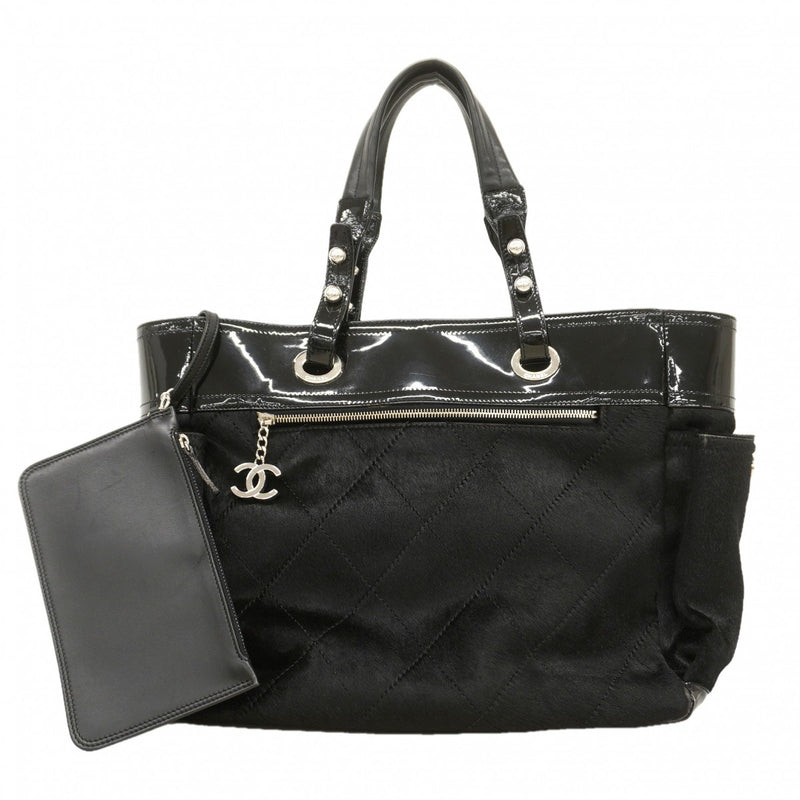 【6fa0159】シャネル トートバッグ パリビアリッツ ハラコ ブラック シルバー金具【中古】レディース