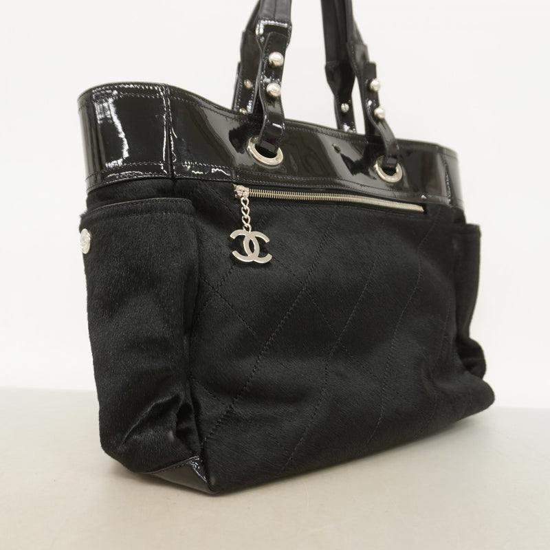 【6fa0159】シャネル トートバッグ パリビアリッツ ハラコ ブラック シルバー金具【中古】レディース