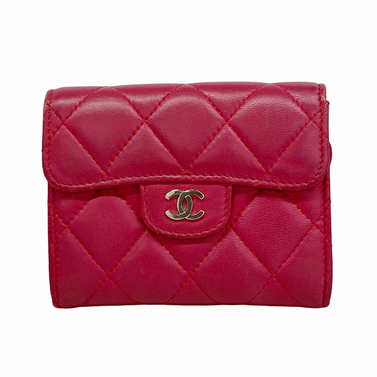 【6fa0217-k】シャネル カードケース マトラッセ ラムスキン レッド シルバー金具【中古】レディース