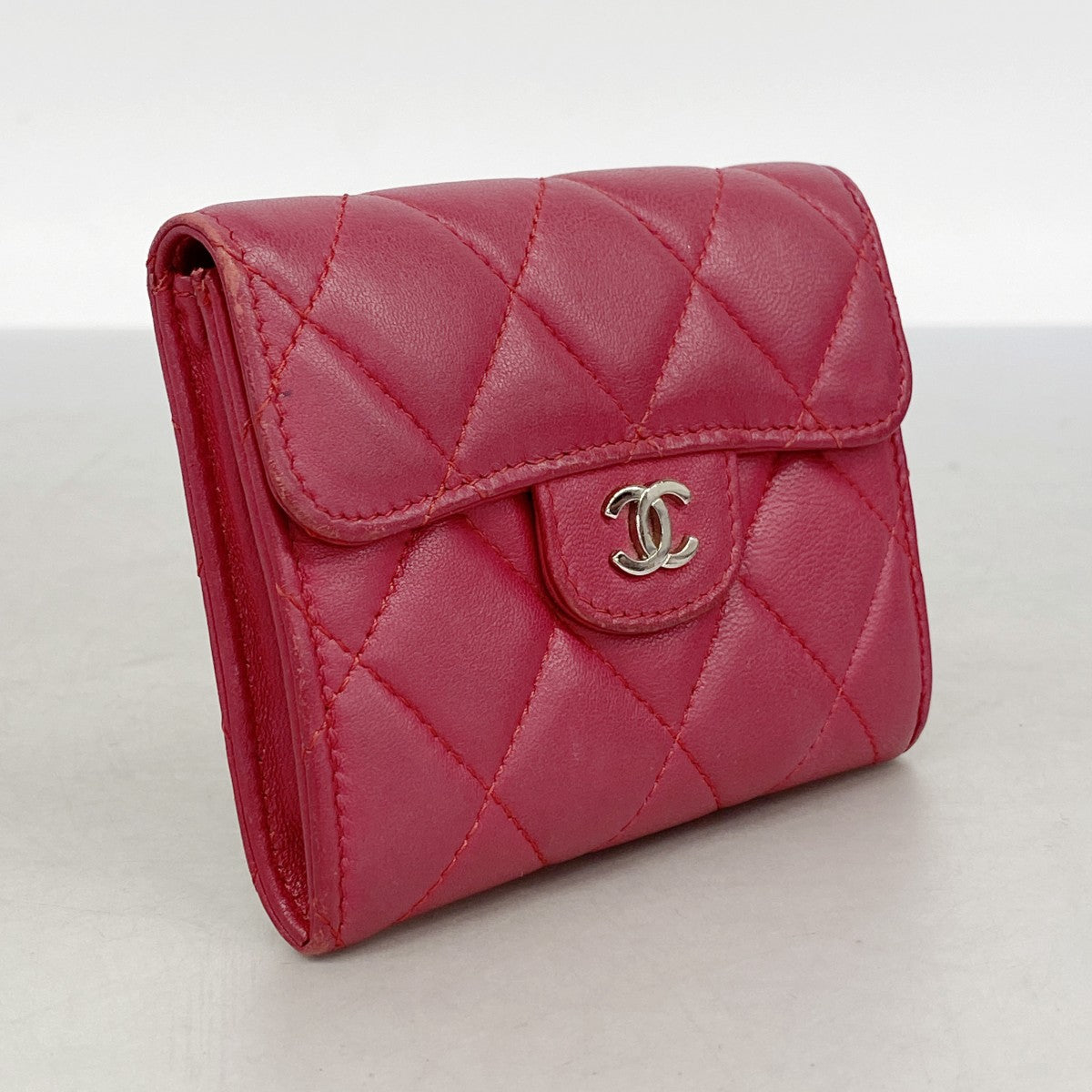 【6fa0217-k】シャネル カードケース マトラッセ ラムスキン レッド シルバー金具【中古】レディース