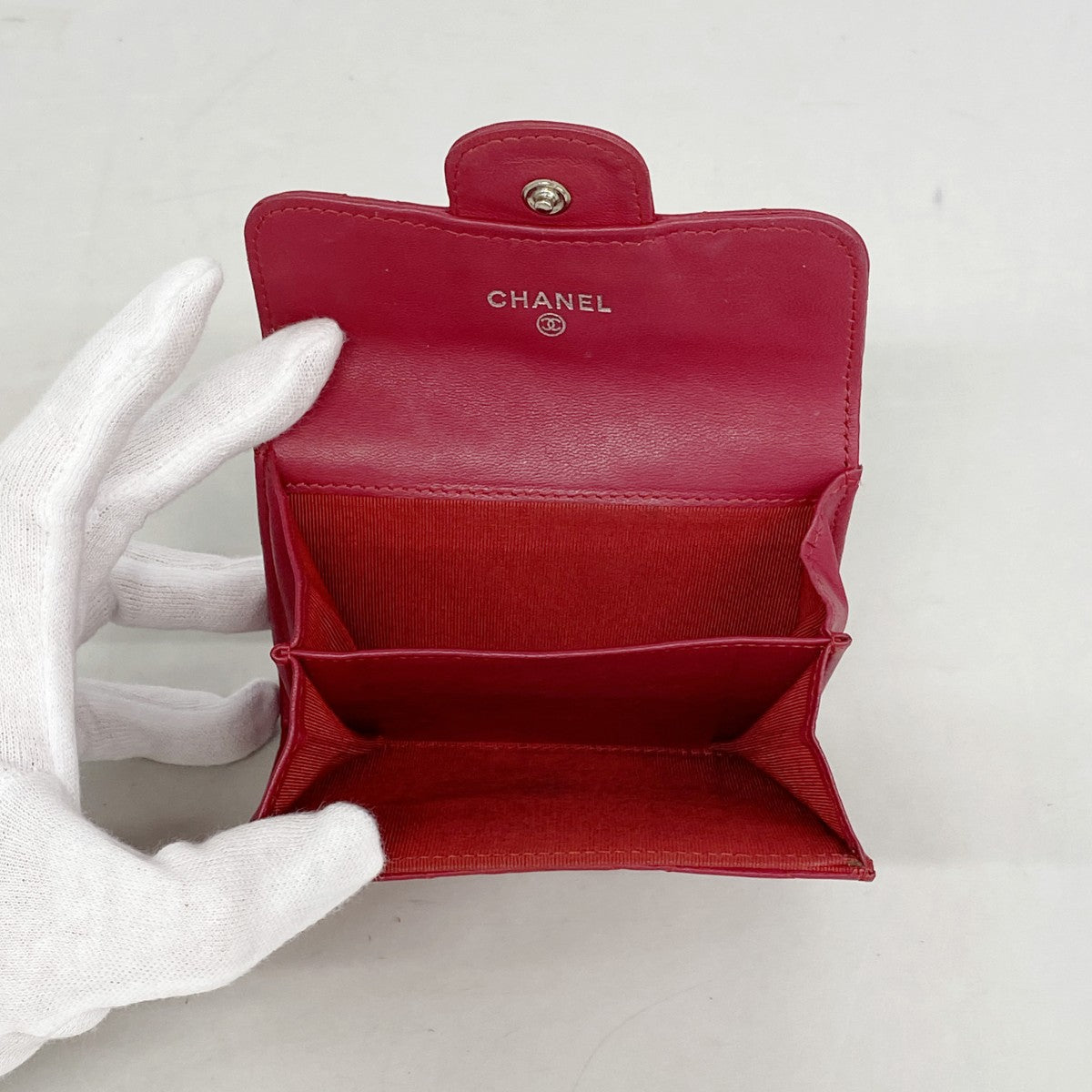 【6fa0217-k】シャネル カードケース マトラッセ ラムスキン レッド シルバー金具【中古】レディース