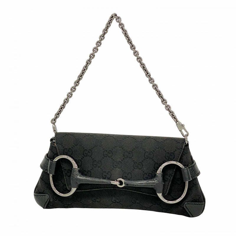 【6fa0219-k】グッチ ハンドバッグ GGキャンバス ホースビット 114923 キャンバス ブラック シルバー金具【中古】レディース