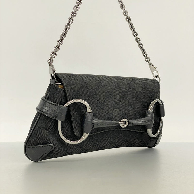 【6fa0219-k】グッチ ハンドバッグ GGキャンバス ホースビット 114923 キャンバス ブラック シルバー金具【中古】レディース