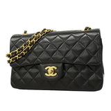 【6fa0222】シャネル ショルダーバッグ マトラッセ Wフラップ Wチェーン ラムスキン ブラック ゴールド金具【中古】レディース