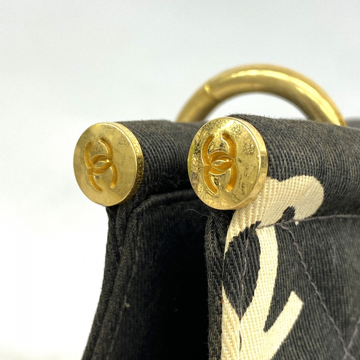 【6fa0228-k】シャネル トートバッグ キャンバス ブラック ホワイト ゴールド金具【中古】レディース