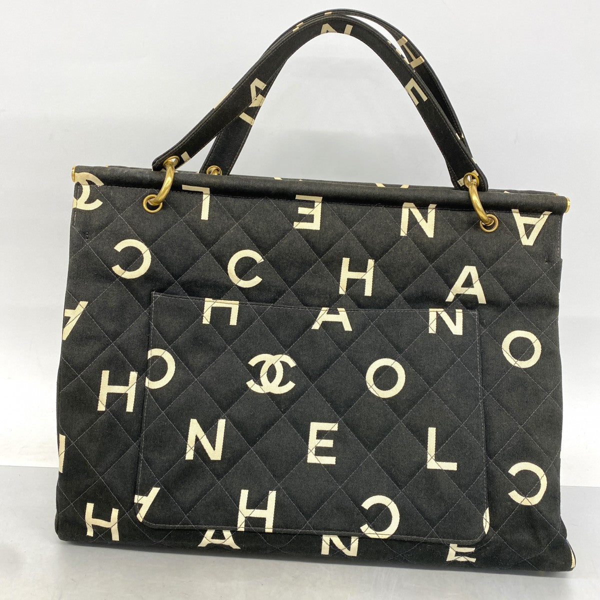 【6fa0228-k】シャネル トートバッグ キャンバス ブラック ホワイト ゴールド金具【中古】レディース