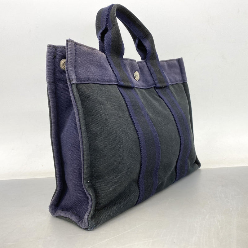 【6fa0264-k】エルメス トートバッグ フールトゥPM キャンバス ブラック ネイビー シルバー金具【中古】メンズ レディース ユニセックス