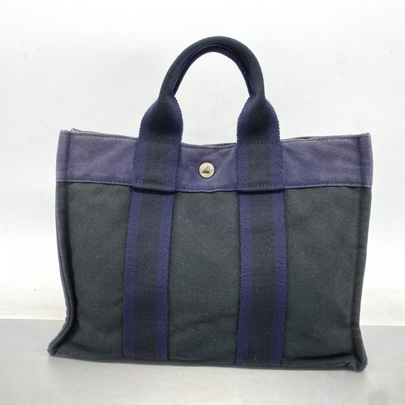【6fa0264-k】エルメス トートバッグ フールトゥPM キャンバス ブラック ネイビー シルバー金具【中古】メンズ レディース ユニセックス