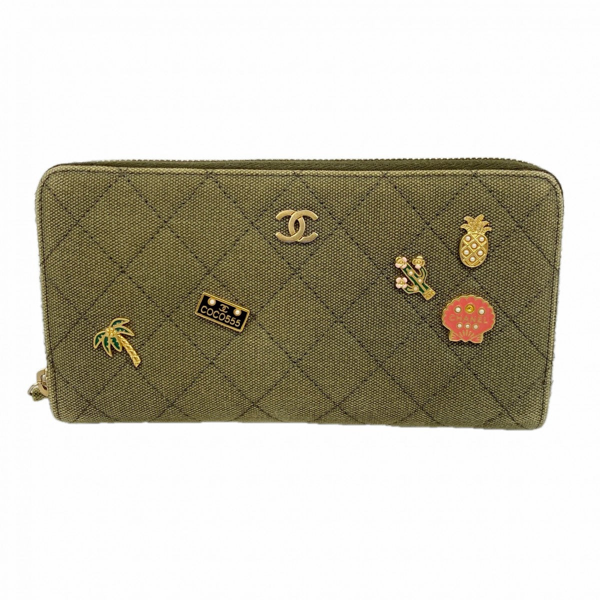 【6fa0312-k】シャネル 長財布 マトラッセ キャンバス カーキ ゴールド金具【中古】レディース