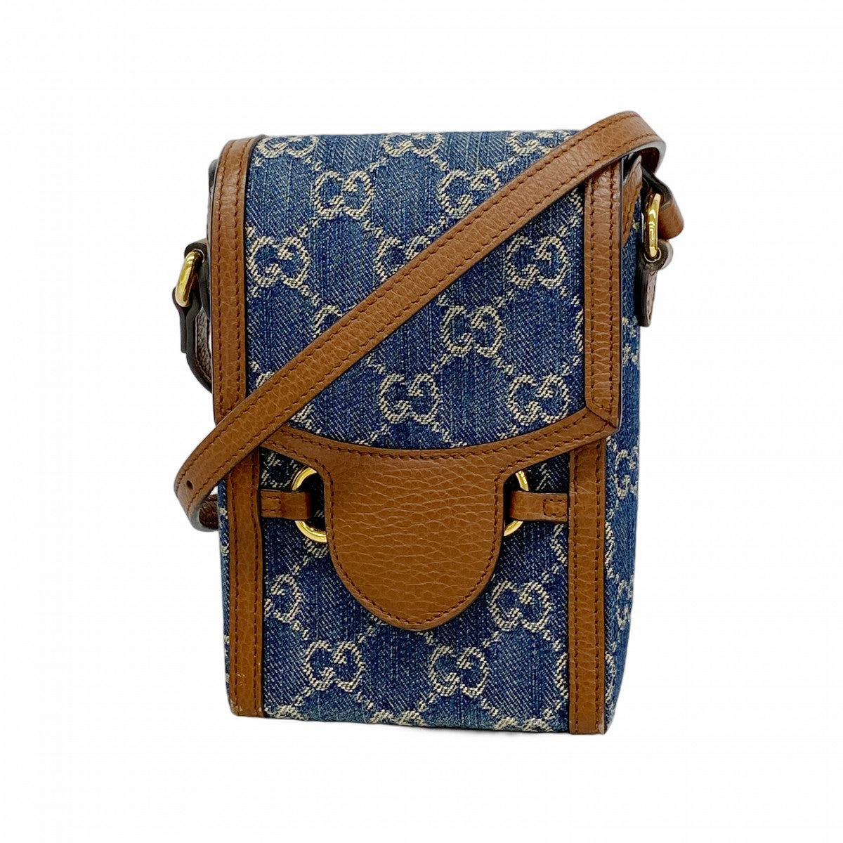 【6fa0341-k】グッチ ショルダーバッグ ホースビット 625615 デニム ブルー ブラウン ゴールド金具【中古】レディース