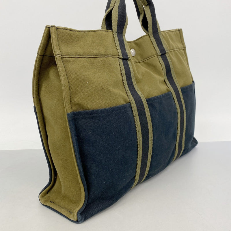 【6fa0357-k】エルメス トートバッグ フールトゥMM キャンバス カーキ ブラック シルバー金具【中古】レディース