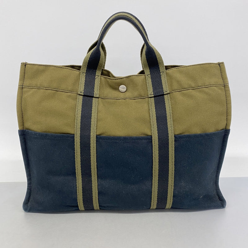 【6fa0357-k】エルメス トートバッグ フールトゥMM キャンバス カーキ ブラック シルバー金具【中古】レディース