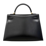 【6fa0379】エルメス ハンドバッグ ケリー32 ボックスカーフ ブラック ゴールド金具 □F刻印 2wayバッグ【中古】レディース