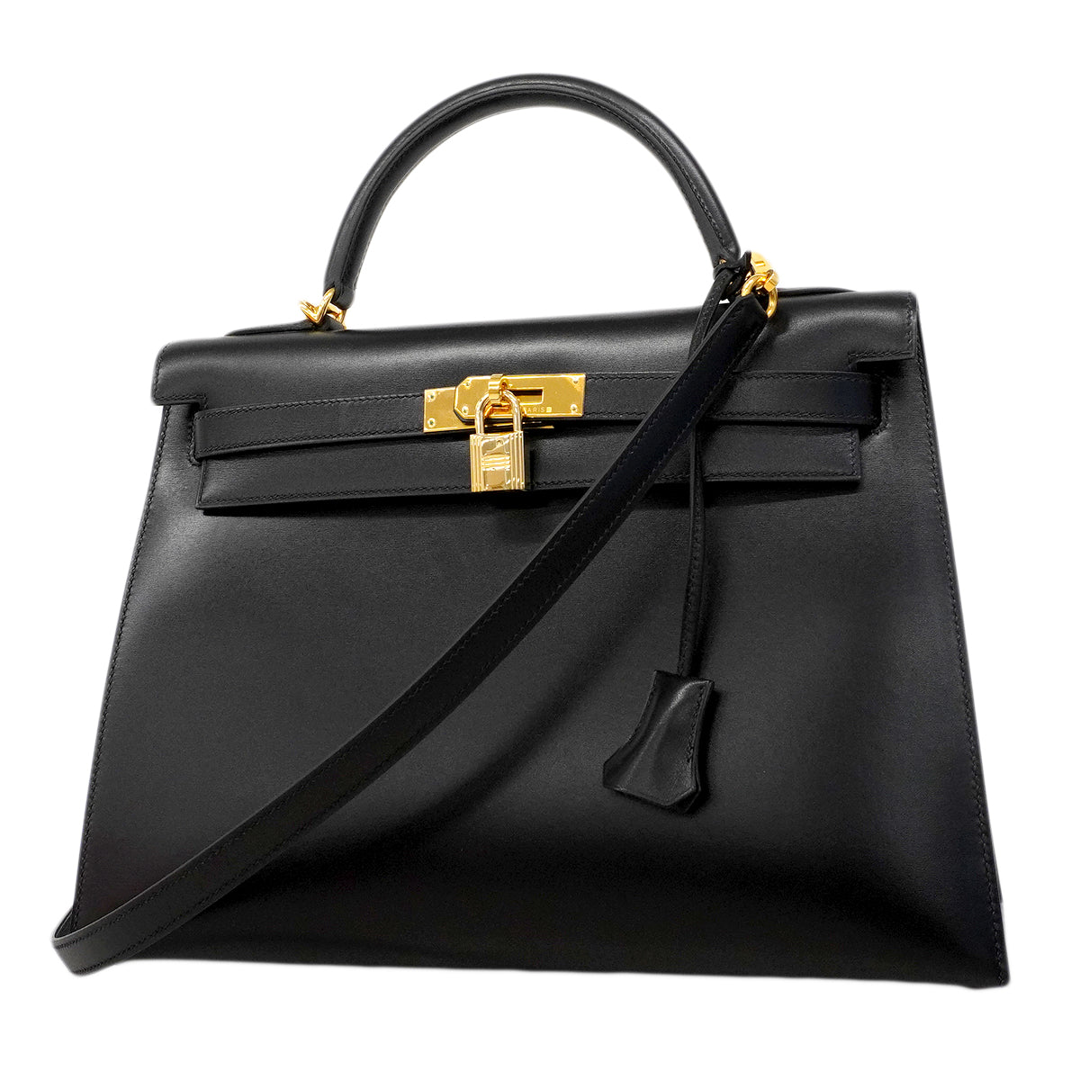 【6fa0379】エルメス ハンドバッグ ケリー32 ボックスカーフ ブラック ゴールド金具 □F刻印 2wayバッグ【中古】レディース