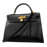 【6fa0379】エルメス ハンドバッグ ケリー32 ボックスカーフ ブラック ゴールド金具 □F刻印 2wayバッグ【中古】レディース