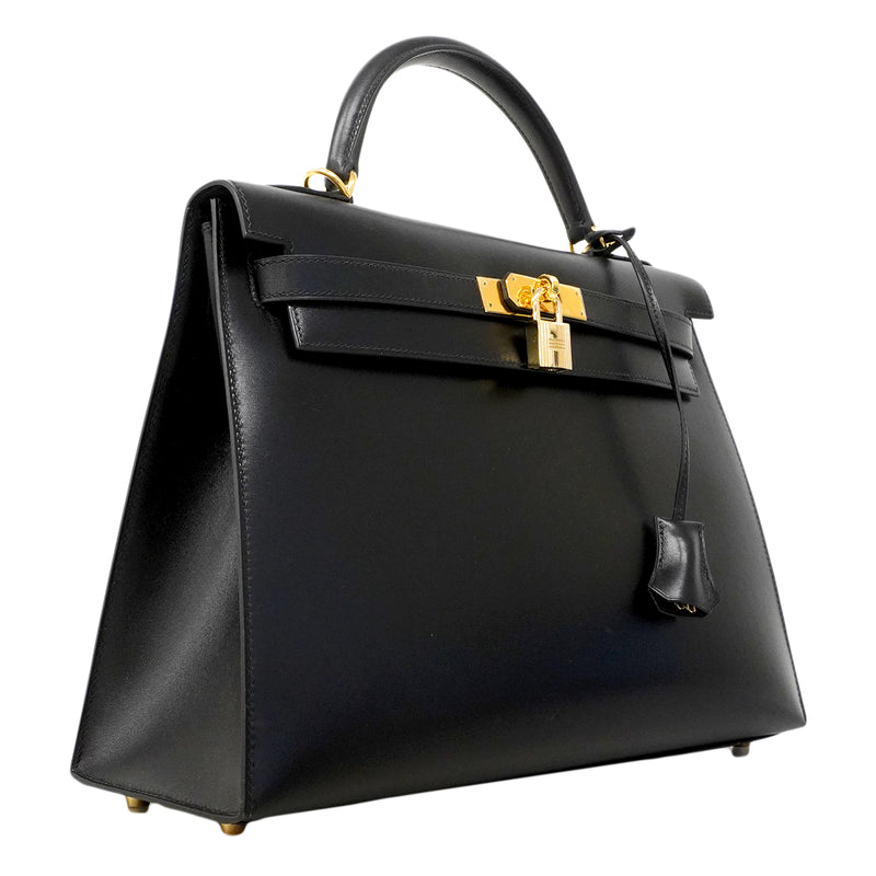 【6fa0379】エルメス ハンドバッグ ケリー32 ボックスカーフ ブラック ゴールド金具 □F刻印 2wayバッグ【中古】レディース