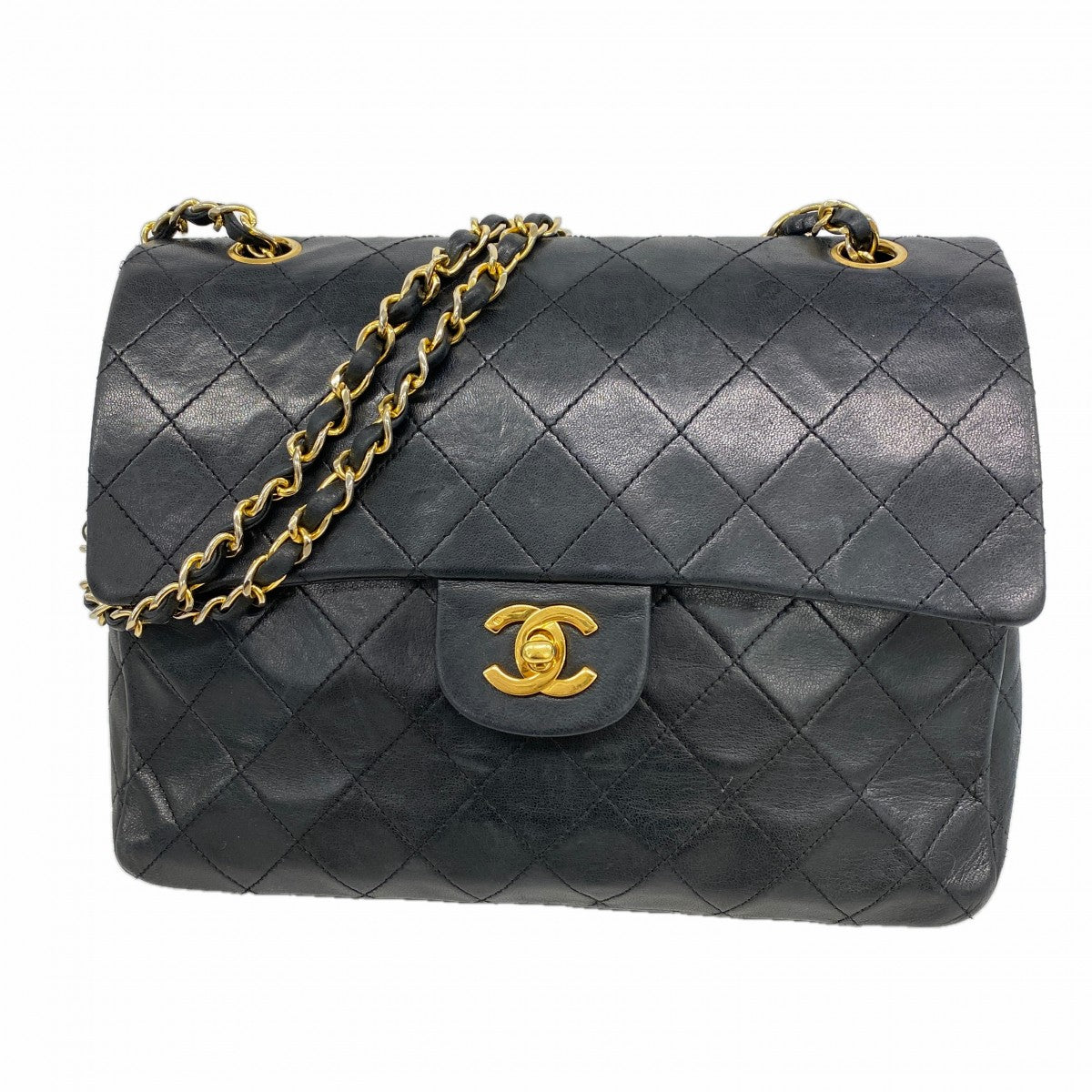 【6fa0391-h】シャネル ショルダーバッグ マトラッセ Wフラップ Wチェーン ラムスキン ブラック ゴールド金具【中古】レディース
