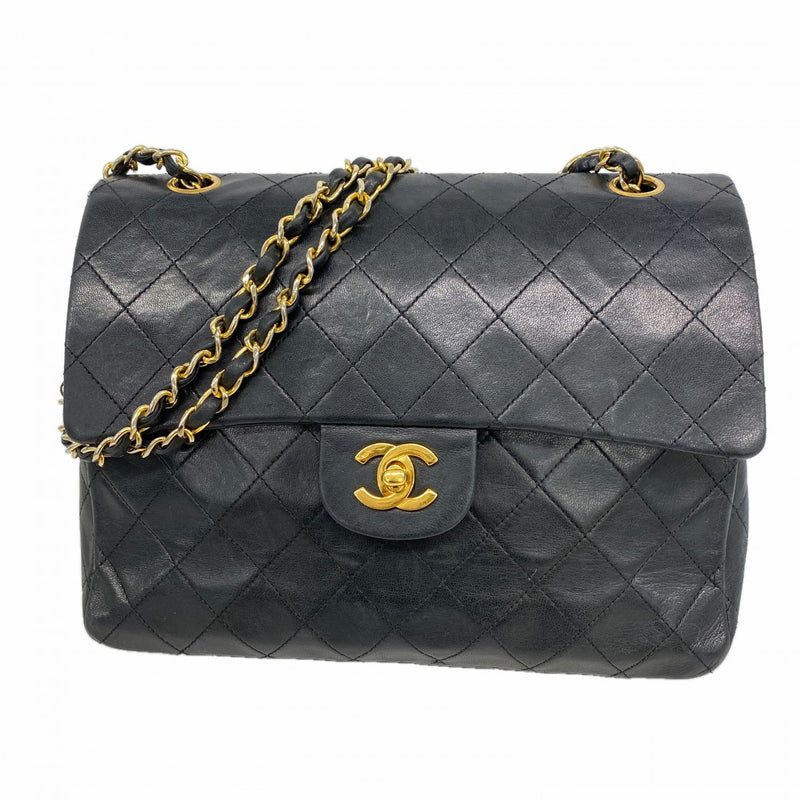 【6fa0391-h】シャネル ショルダーバッグ マトラッセ Wフラップ Wチェーン ラムスキン ブラック ゴールド金具【中古】レディース
