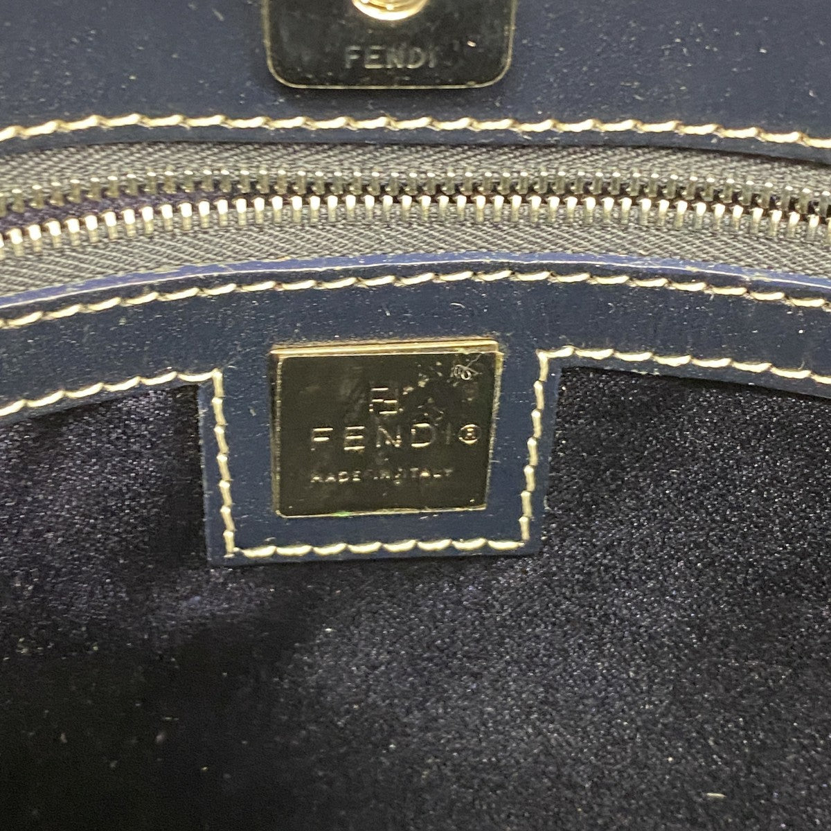 【6fa0462】フェンディ トートバッグ ズッキーノ ナイロンキャンバス ネイビー グレー シルバー金具【中古】レディース