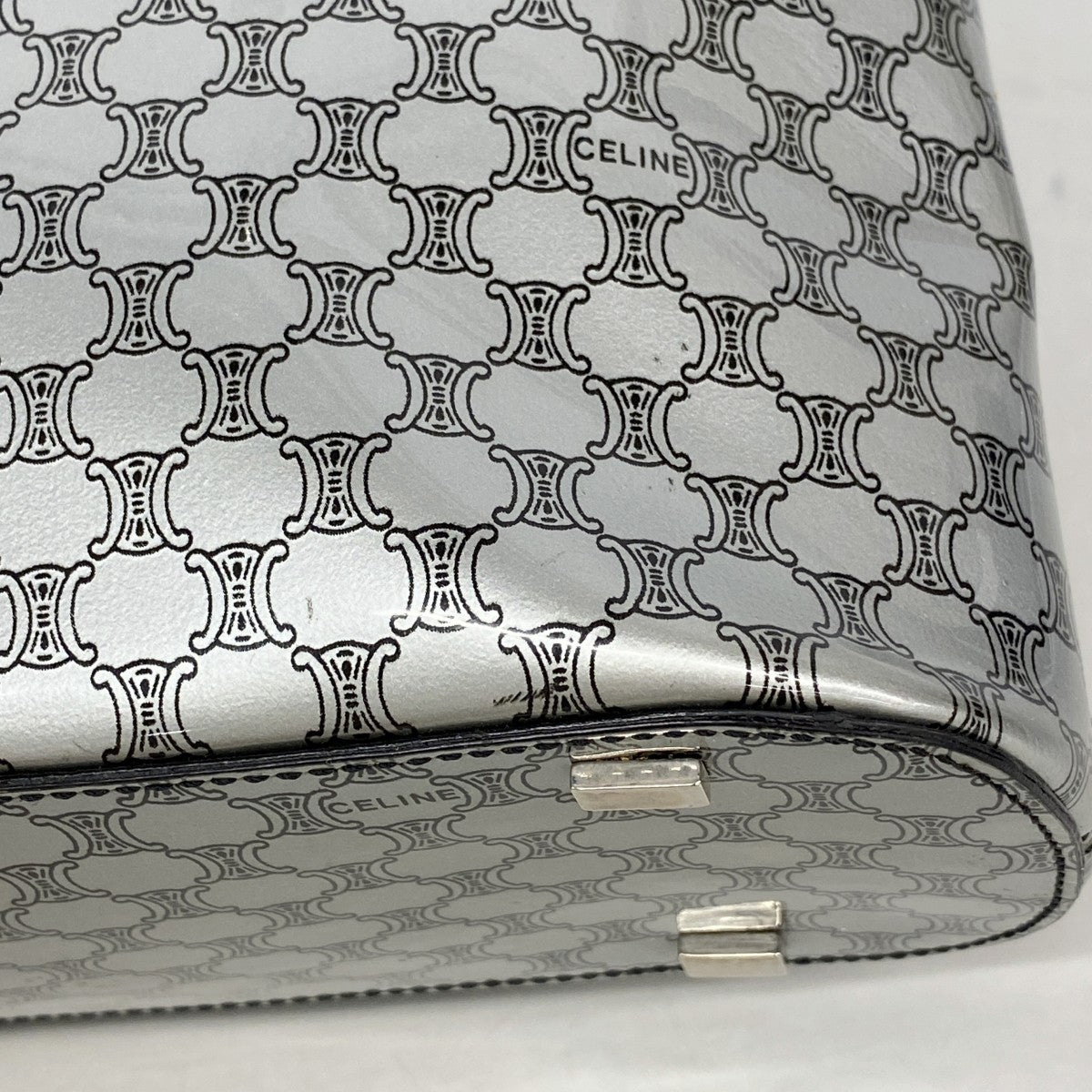 【6fa0471】セリーヌ ショルダーバッグ マカダム エナメル シルバー ブラック シルバー金具【中古】レディース