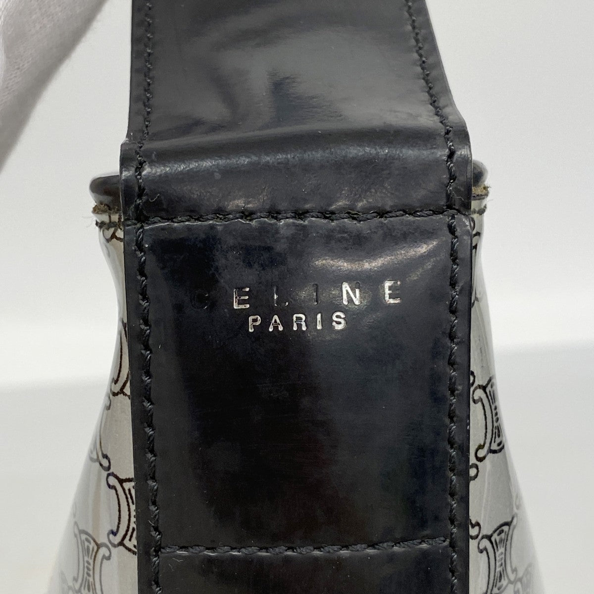 【6fa0471】セリーヌ ショルダーバッグ マカダム エナメル シルバー ブラック シルバー金具【中古】レディース